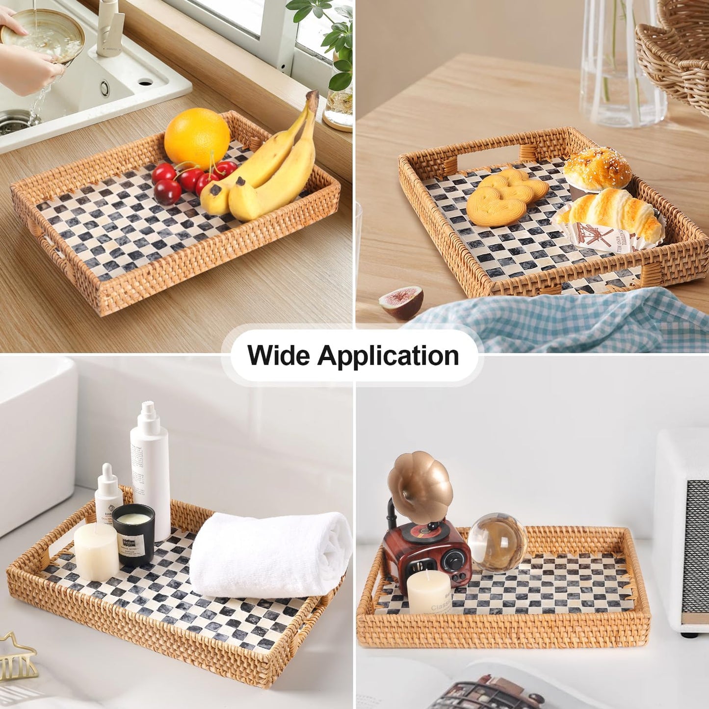 Rectangle Rattan Tray with Mother of Pearl Inlay, Rattan Serving Tray with Handle for Coffee, Bread, Fruits, Snacks, Decorative Wicker Tray for Table Decor (Black Checkerboard, 13"×9")