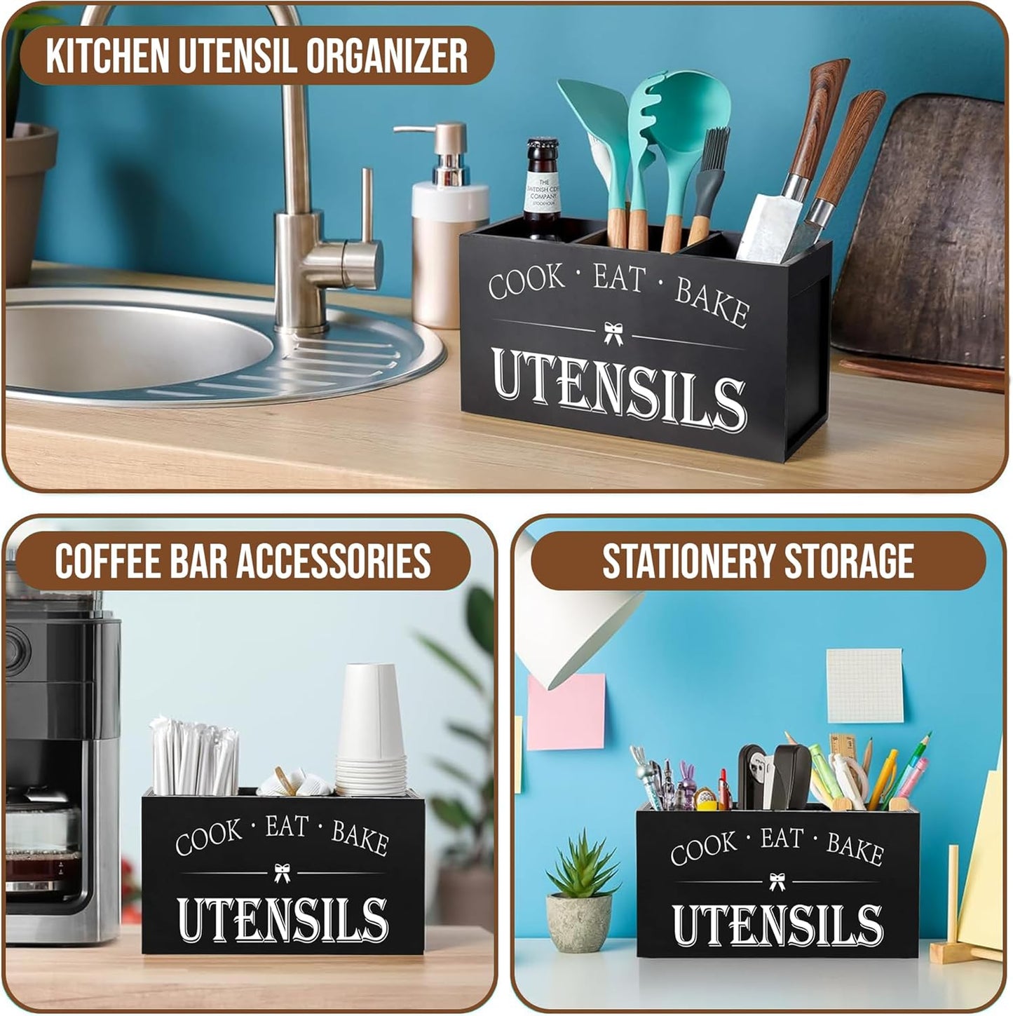 Extra Large Kitchen Utensil Holder with 4 Compartments, Wooden Countertop Organizer, Rustic Black Farmhouse Decor for Cooking Tools, Spoons, Spatulas, Knives & Forks