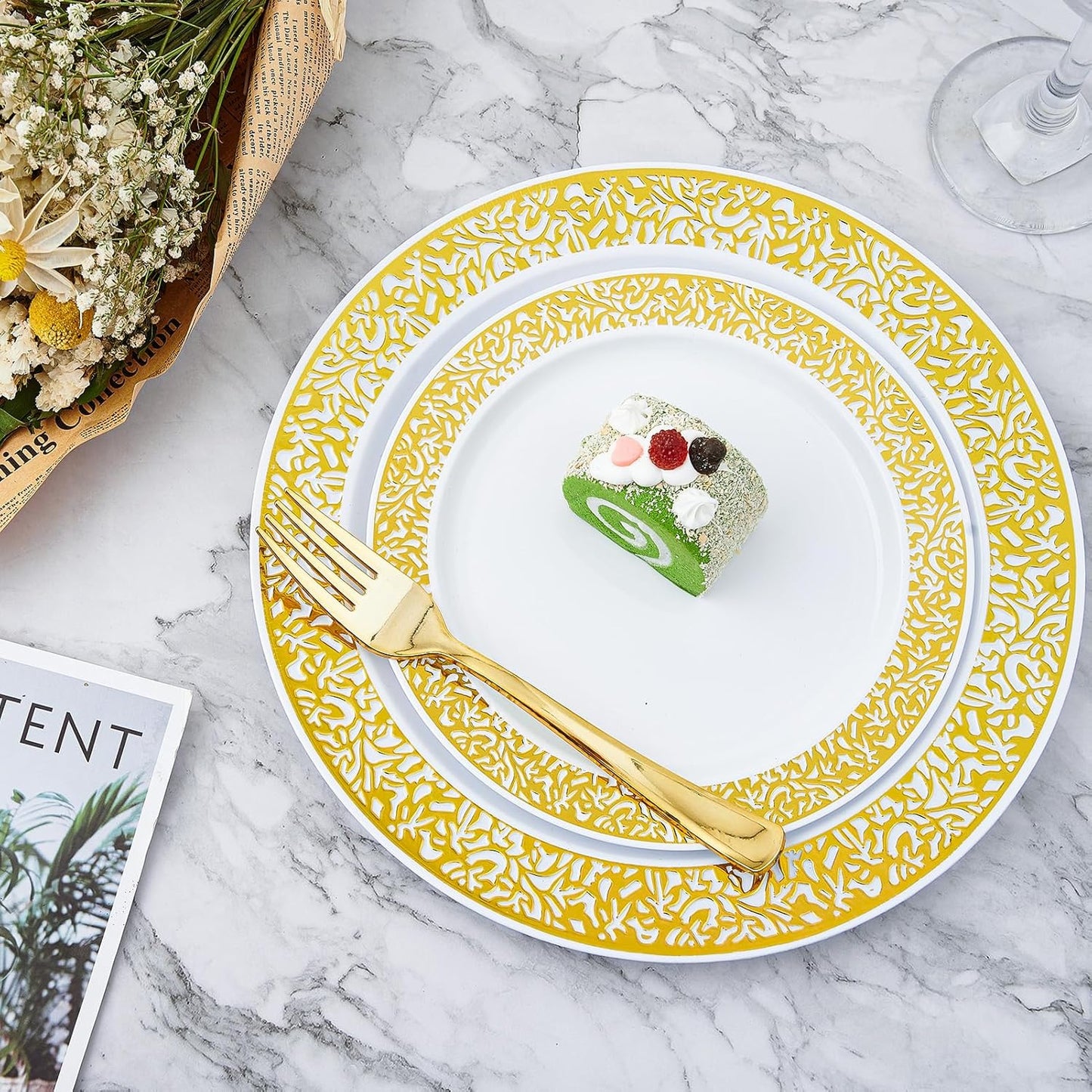 210 Count Gold Plastic Dinnerware, Gold Disposable Plates, Includes: 30 Dinner & 30 Dessert Plates & 30 Cups & 30 Paper Napkins & 30 Plastic Silverware Set