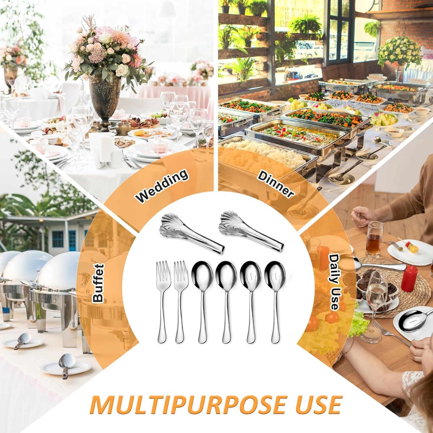 Stainless Steel Serving Utensil Set, 8-Piece, Includes Serving Spoons, Forks, Tongs and Soup Ladle