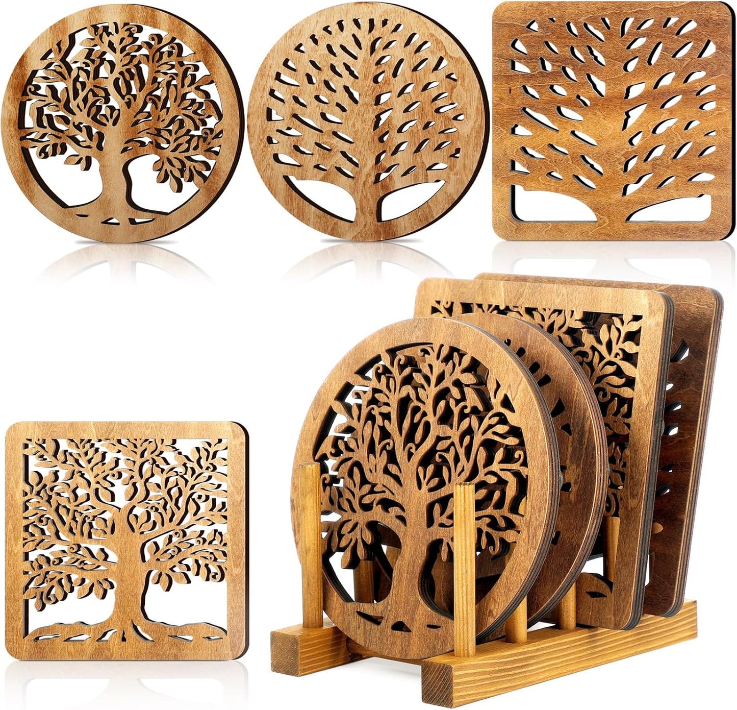 5 Pcs Life Tree Wooden Trivets with Storage Rack Hot Pads Trivets for Hot Dishes Pots and Pans Heat Resistant Mat Set Tea Pot Holders for Kitchen Dining Table(Light Wood)