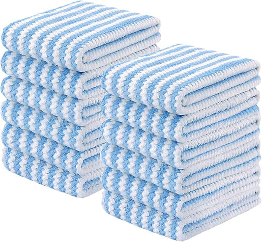 Homaxy Kitchen Towels(12 Pack, 10 x 20 inches), Ultra Soft and Absorbent Dish Towels, Reusable Fast Drying Microfiber Cleaning Cloth, Coral Velvet Wave Design No-lint, Blue
