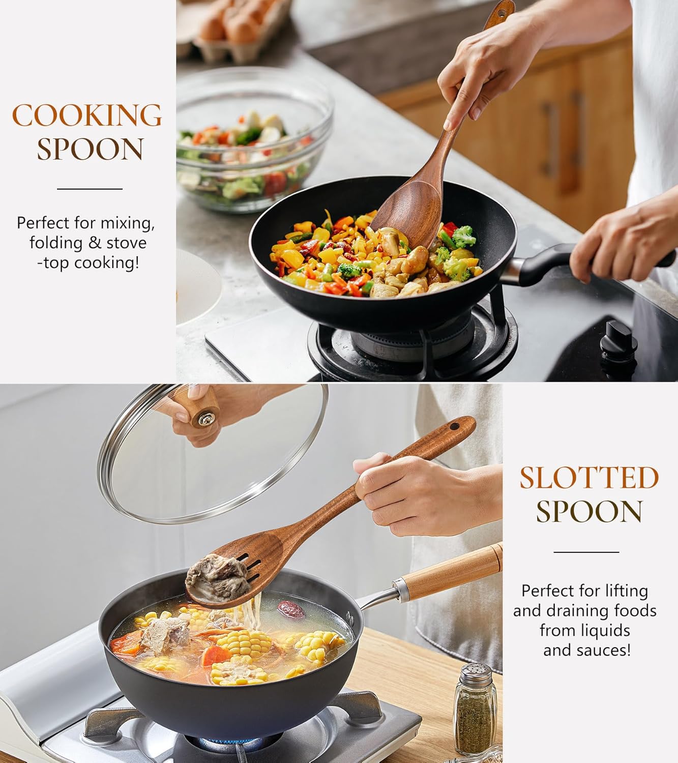 2Pcs Wooden Spoons for Cooking, Natural Premium Teak Wooden Spoon & Slotted Spoon, Good Grip Large Cooking Spoons Spatula, Heat Resistant Wooden Kitchen Cooking Utensils Set for Nonstick Cookware