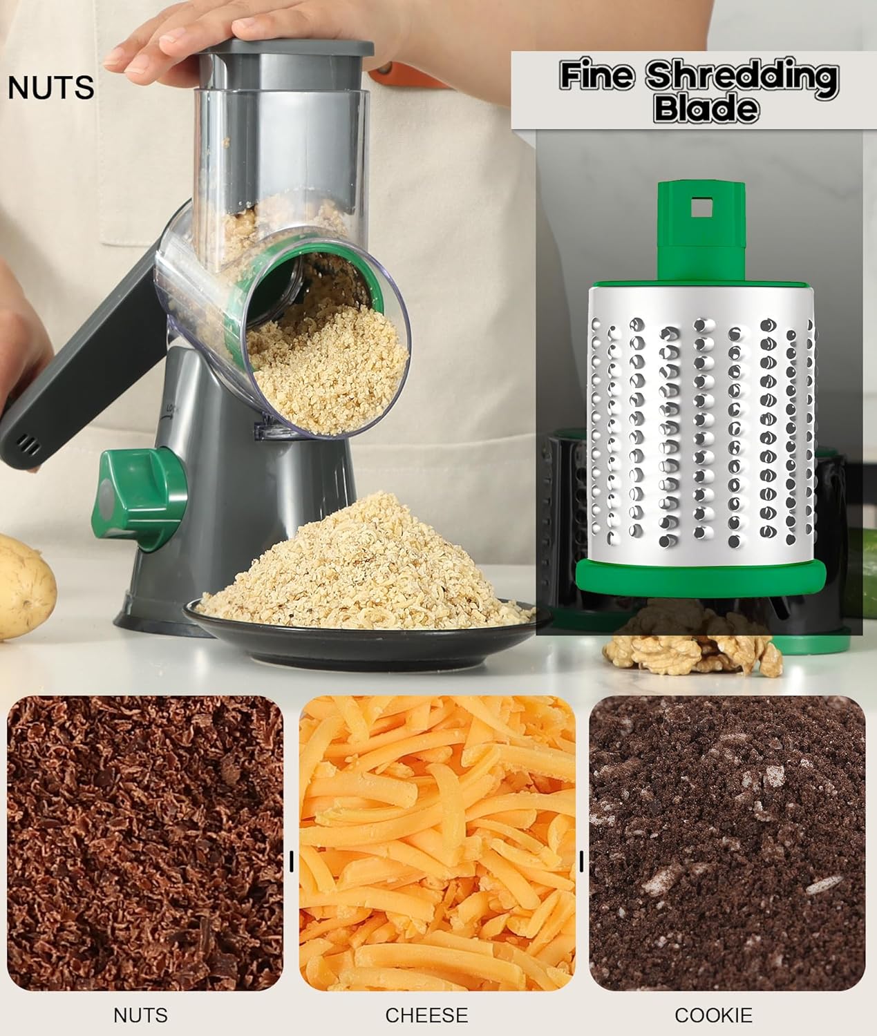 Ourokhome Rotary Cheese Grater Hand Crank, Kitchen Shredder Speed Mandolin Slicer Nuts Grinder with Handle and Drum Blades for Cheese, Vegetable, Walnuts, Chocolate, Potato, Carrot, 3 Blades, Gray