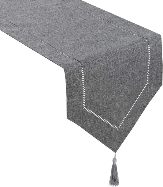 Tosewever Decorative Linen Table Runner with Tassels Tabletop Collection 14 x 72 Inches Table Runners for Everyday Dining Wedding Party Holiday Home Decor (14" x 72", Grey)