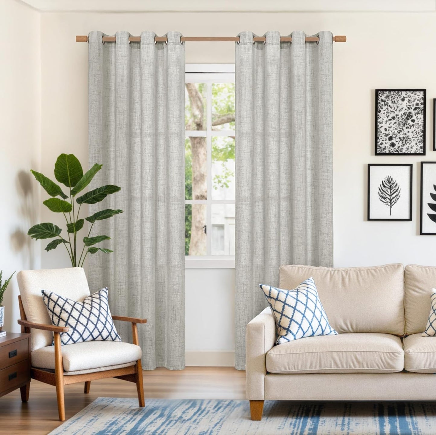 YoungsTex Light Grey Linen Curtains 84 Inch Length for Living Room, Textured Semi Sheer Window Drapes with Bronze Grommet Light Filtering for Bedroom Dining, 2 Panels, 52 X 84 Inch