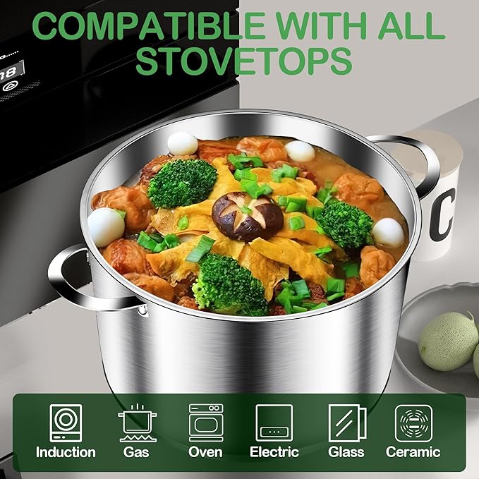 Cooking Pot, Stainless Steel Stock Pot, Soup Pot with Glass Lid, Induction Pots - 8 Quart