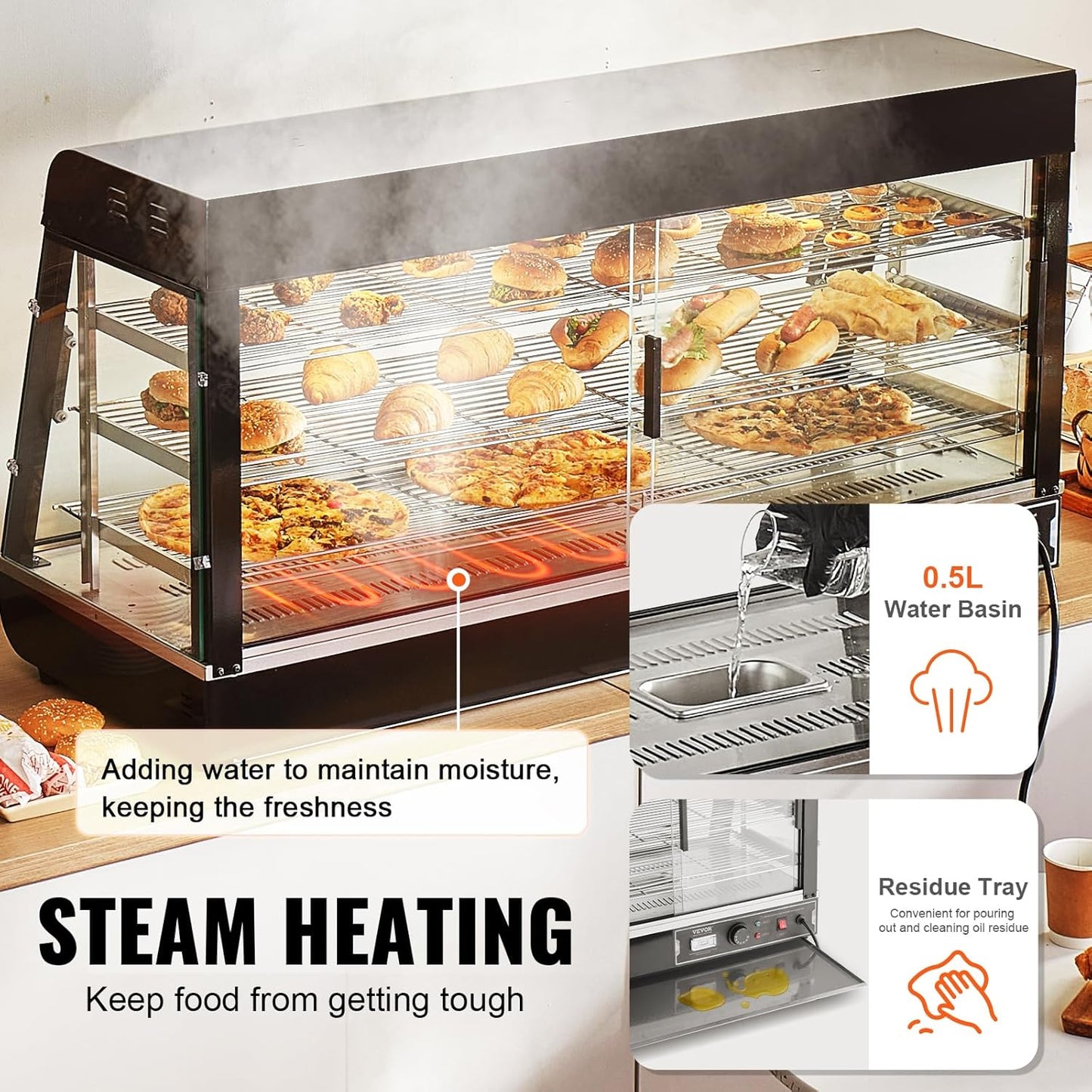 VEVOR 3-Tier Commercial Food Warmer Display, 1500W Food Display Warmer with Light, Adjustable Shelf and Temperature Display, 86℉~185℉ Steam Heating, 180L for Hamburger, Pizza, Bread, Fried Chicken