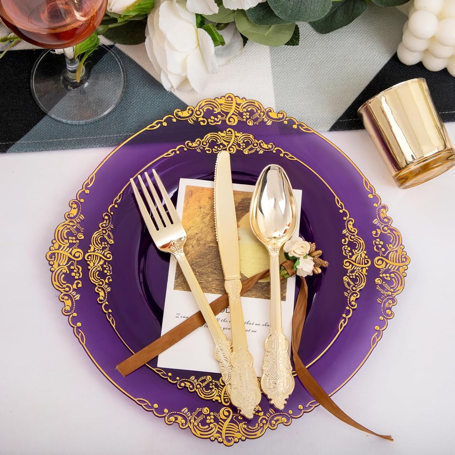 102PCS Purple and Gold Plastic Plates - High End Purple Disposable Plate - Vintage Party Dinner & Dessert Plates for 51 Guests Wedding & Halloween Party