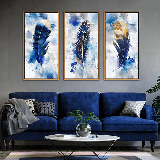 Framed wall art Feather Canvas Wall Art for Living Room Bedroom Large Modern Artwork Blue Watercolor feather Print picture 3 pieces Framed Wall Decor Ready to Hang for Home Office Decoration (With