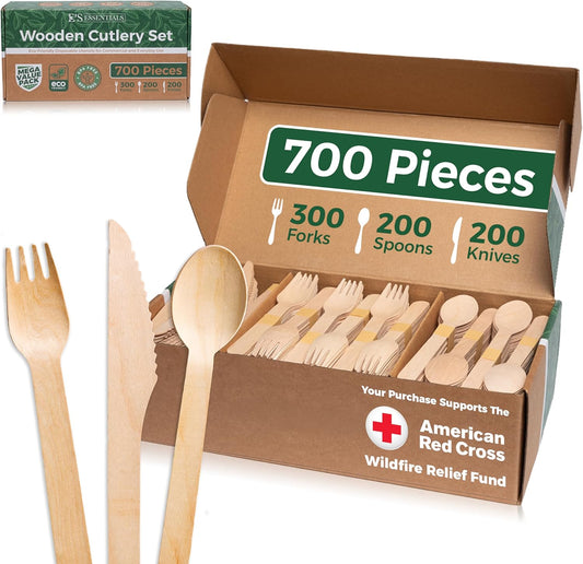 700-Piece Wooden Cutlery Set – [300 Forks, 200 Spoons, 200 Knives] – Bulk Disposable Utensils | Compostable Birchwood | Eco-Friendly, Biodegradable & Durable for Events & Everyday Use – E’s Essentials