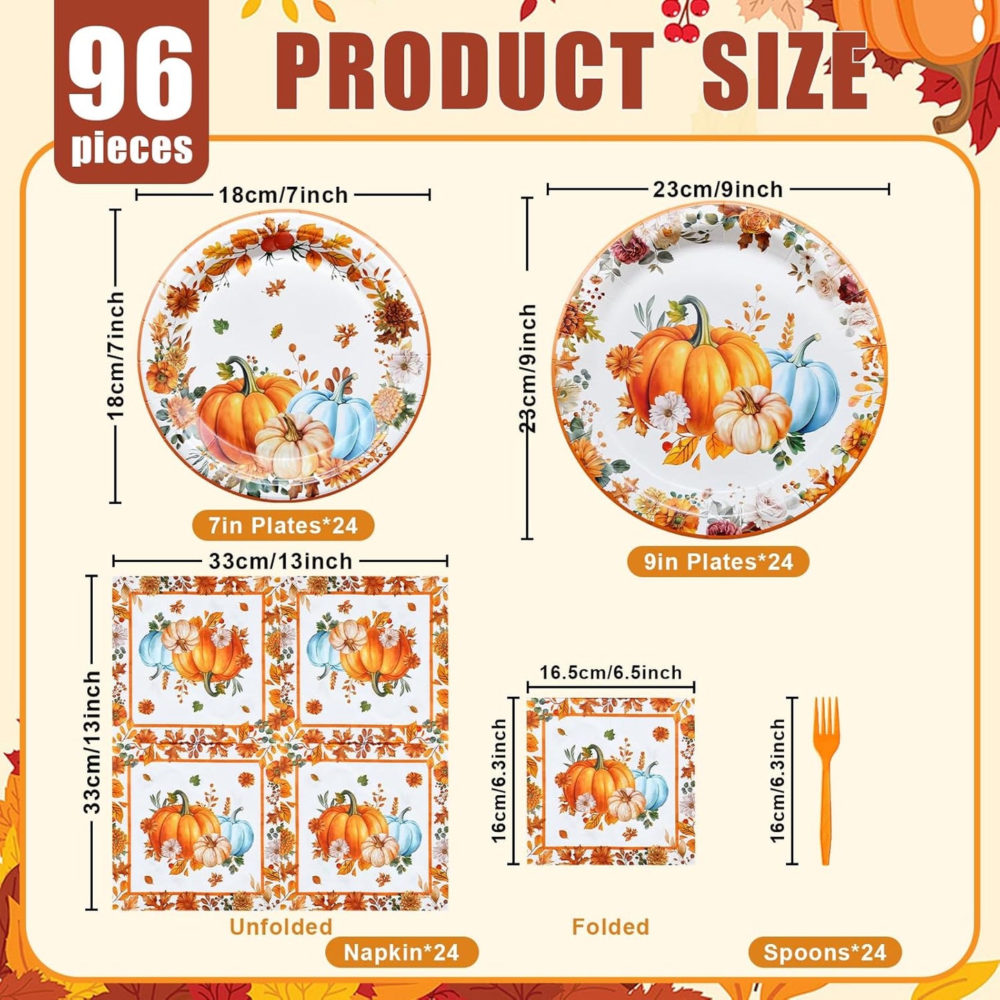 96 Pieces Thanksgiving Pumpkin Tableware Set – Rustic Sunflower and Pumpkin Disposable Plates, Napkins, and Forks for Fall Dinners, Friendsgiving, Harvest Parties – Serves 24 Guests