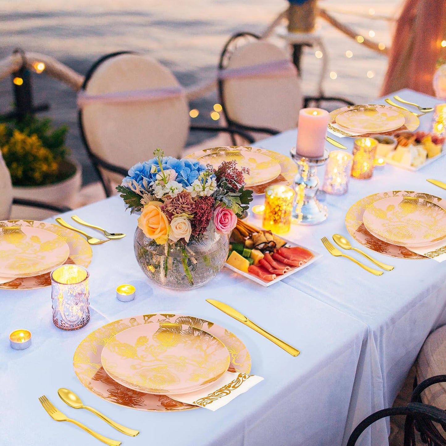 Tioncy 350 Pcs Gold Floral Plastic Dinnerware for 50 Guests Disposable Dinnerware Set Include Plates, Forks, Knives, Spoons, Cups, Napkins for Christmas Party Wedding Baby Shower(Pink Base Color)