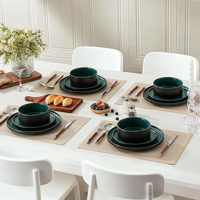 12 Piece Ceramic Dinnerware Set for 4, Modern Minimalist Stoneware Dinner Plates and Bowls, Microwave Safe, Dishwasher Safe, Versatile for All Seasons, Matte Green