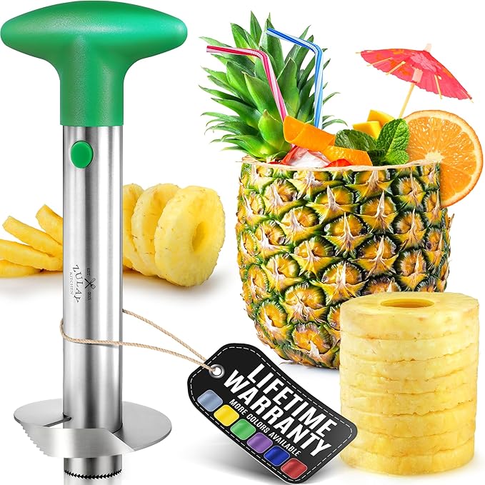Zulay Kitchen Stainless Steel Pineapple Corer & Slicer – Heavy-Duty Pineapple Cutter with Reinforced Blade & Easy Core Remover – Effortless Pineapple Peeler & Slicer Tool - Green