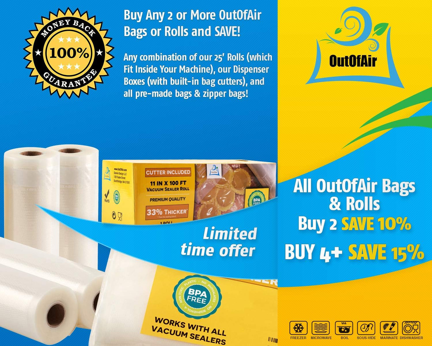 50 Zipper Vacuum Sealer Bags: Pint Size (6" x 10") - OutOfAir Vacuum Seal Zip Bags, Works with FoodSaver & Other Savers, 33% Thicker BPA Free Commercial Grade Great for Snacks On The Go