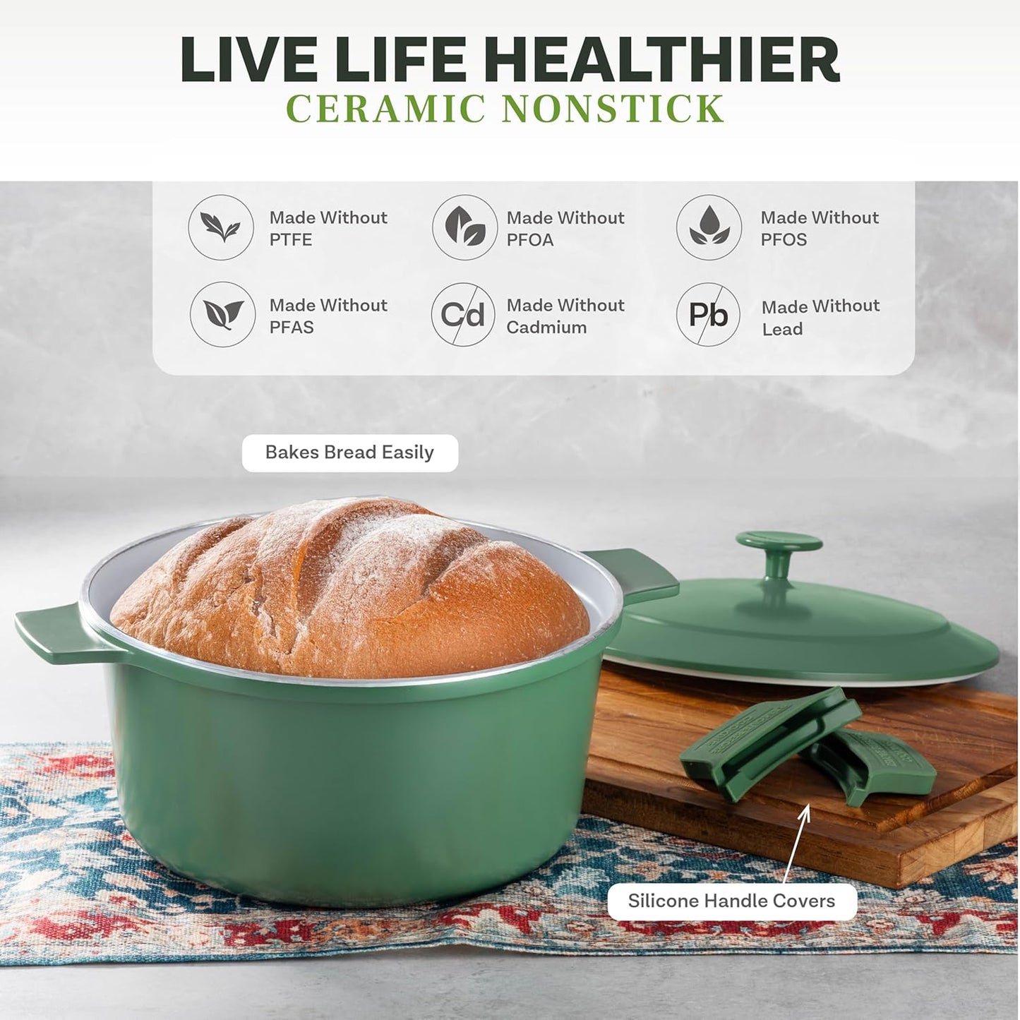 Gotham Steel 5 Qt Lightweight Dutch Oven Pot with Lid & Holders, Ceramic Non Toxic, Oven Safe & Even Heat Retaining Dutch Oven for Bread Baking Sourdough, Soup, Casserole, 70% Lighter than Cast Iron