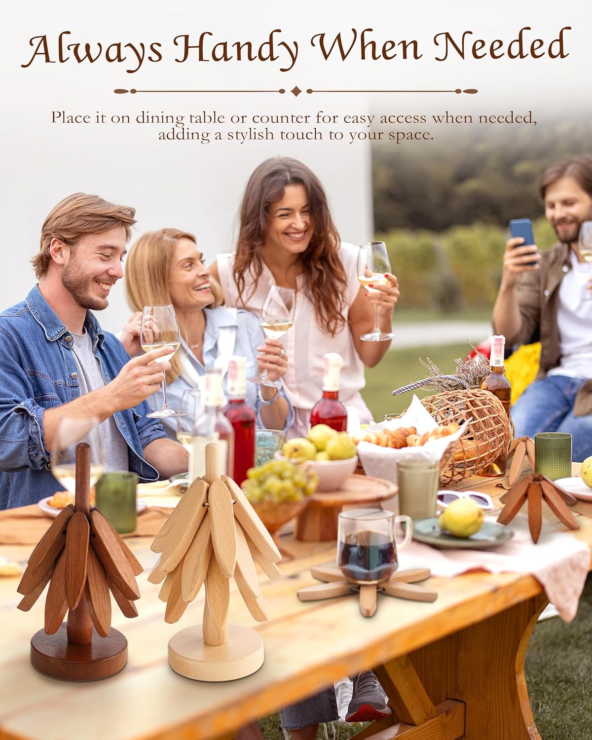 Tree-Shaped Placemats, Foldable Heat Resistant Anti-Stain Wood Trivet for Hot Dishes Pans, All-in-1 Set, 3PCS Easy-Cleaning Walnut Wood + Stand Coasters