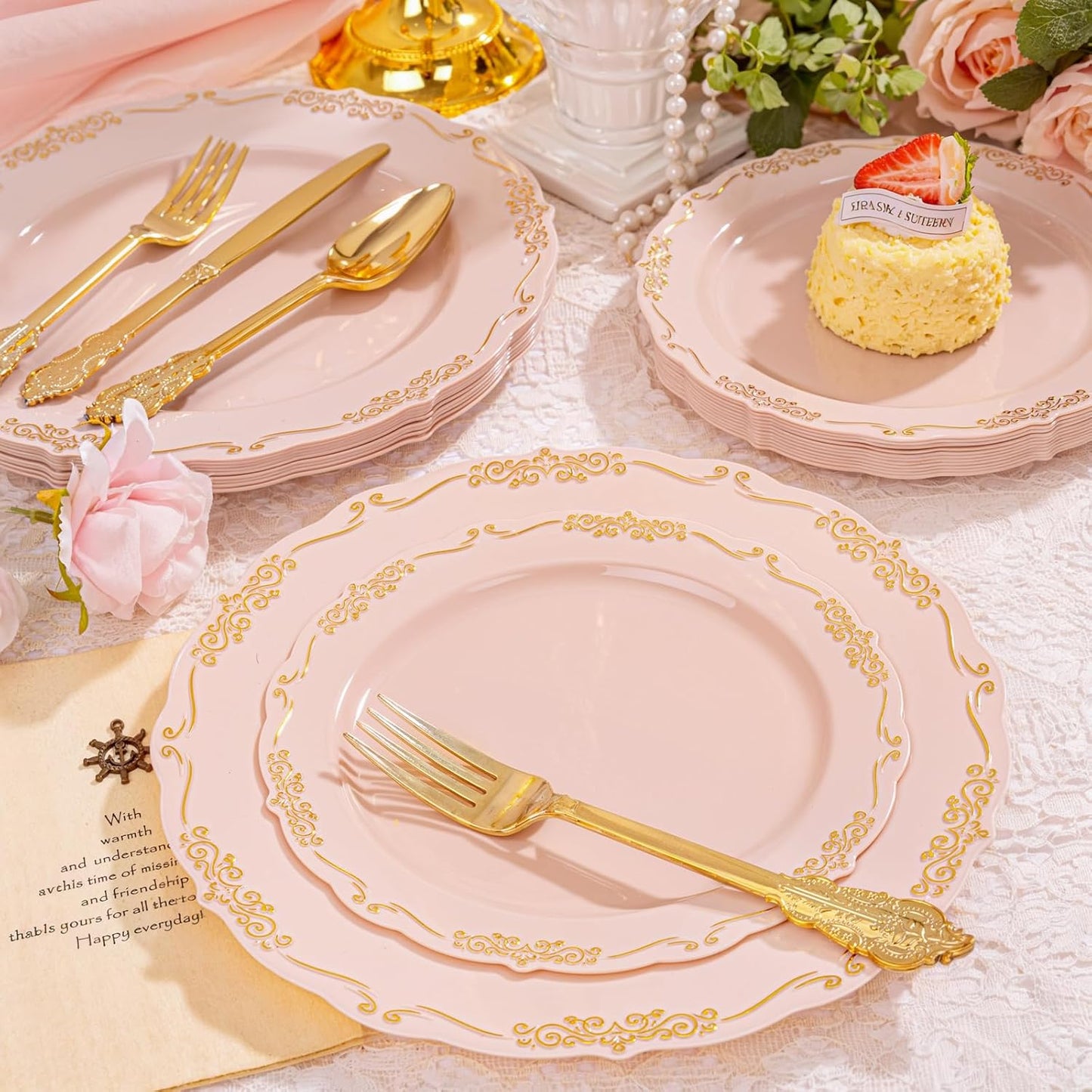 DaYammi 150Pcs Pink Gold Plastic Plates & Disposable Silverware, Pink Disposable Plates for Party Include 30 Dinner Plate,30 Dessert Plate,30 Knives,30 Forks,30 Spoons for Wedding Catering