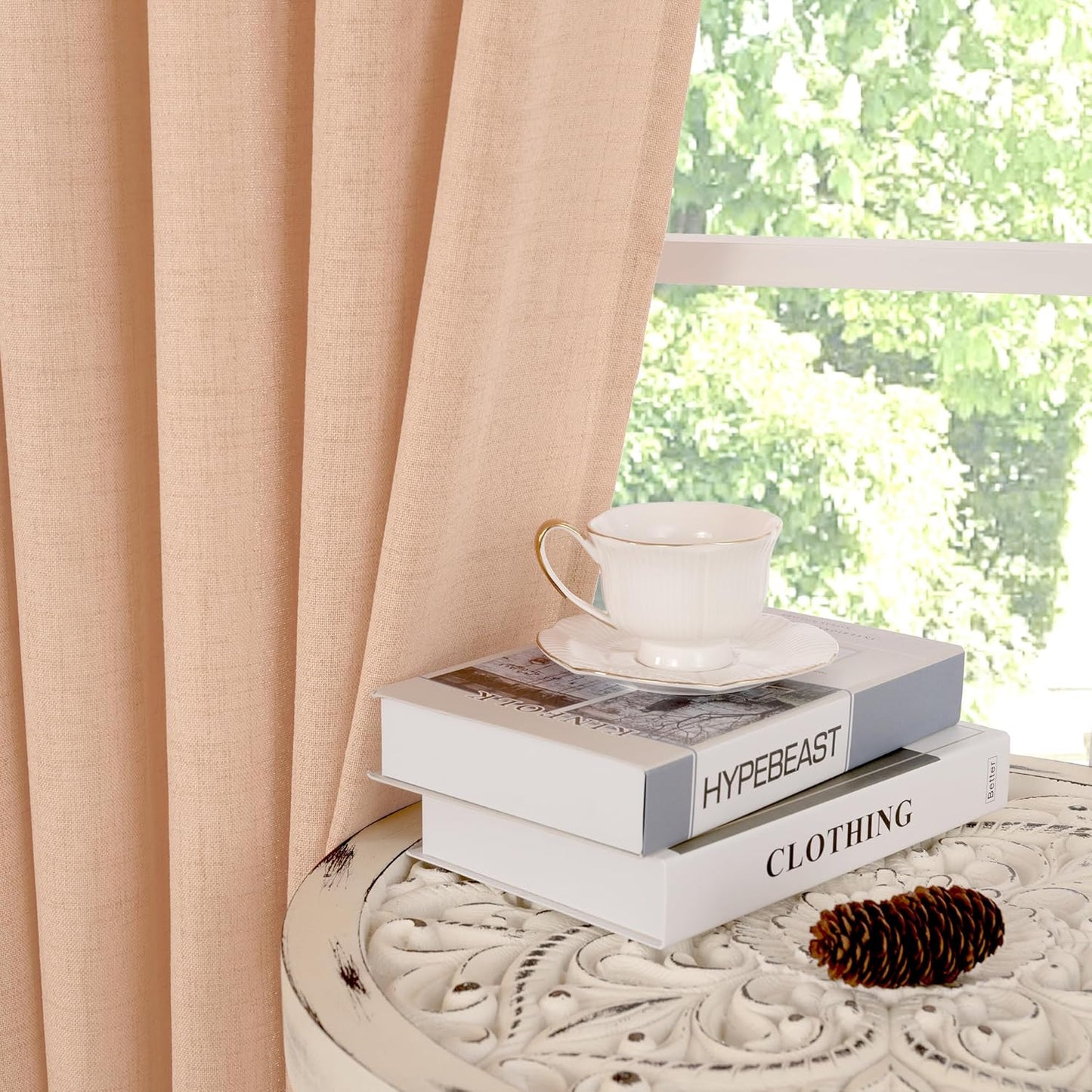 YoungsTex Peach Linen Semi Sheer Curtains 84 Inches Length 2 Panels for Bedroom, Light Filtering Drapes with Bronze Grommet Window Treatments for Dining Living Room, 52 x 84 Inch