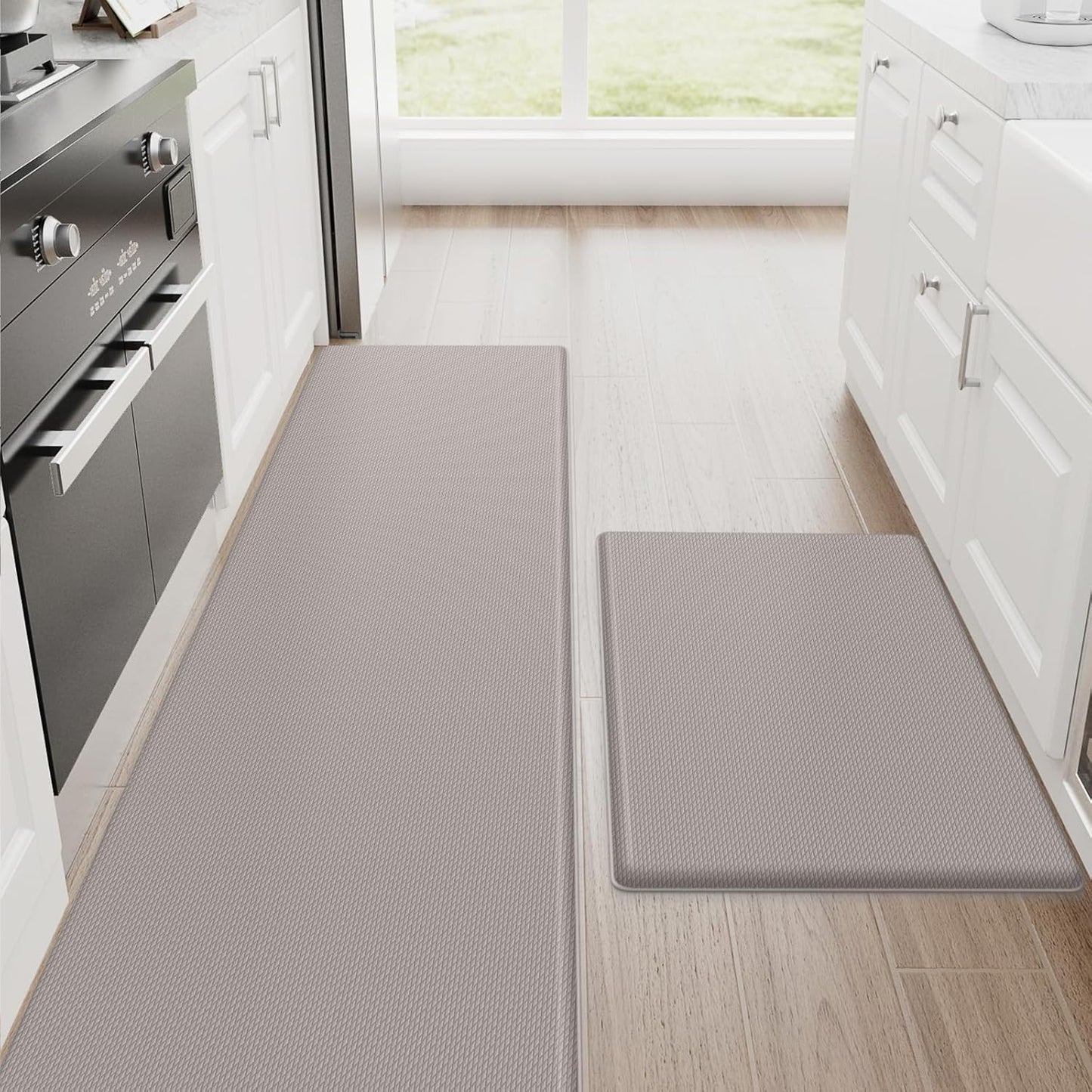 StepRite Kitchen Mats, 2PCS Kitchen Rugs, Cushioned Anti Fatigue Kitchen Mats for Floor, Non-Slip Standing Desk Mat, Waterproof Kitchen Rug Set for Kitchen, 20" x 32"+20" x 71"-0.47 inch Thick, Khaki