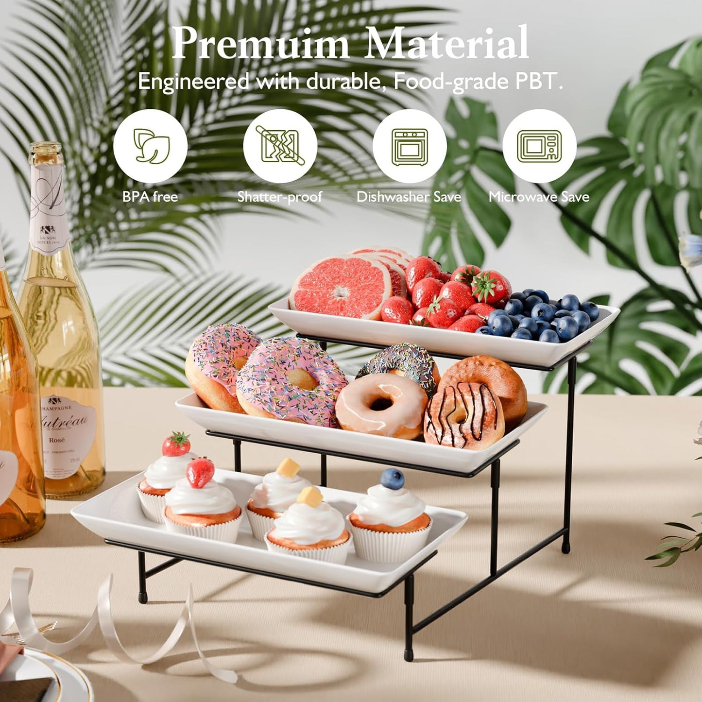 3 Tier Plastic Serving Tray for Party, 11.5" x 5.6" Platters for Serving Food, Microwave-Safe, White Reusable Trays with Black Metal Display Stand for Cupcakes, Sevring Food, Dessert, Fruit, Black
