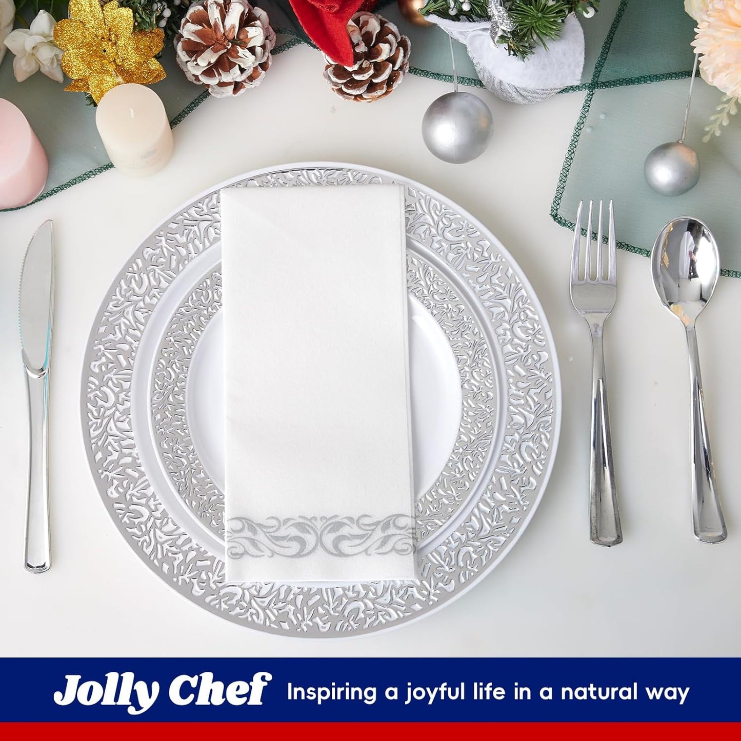 𝟐𝟏𝟎 Count Silver Plastic Dinnerware, Silver Disposable Plates, Includes 30 Dinner & 30 Dessert Plates & 30 Cups & 30 Paper Napkins & 30 Plastic Silverware Set