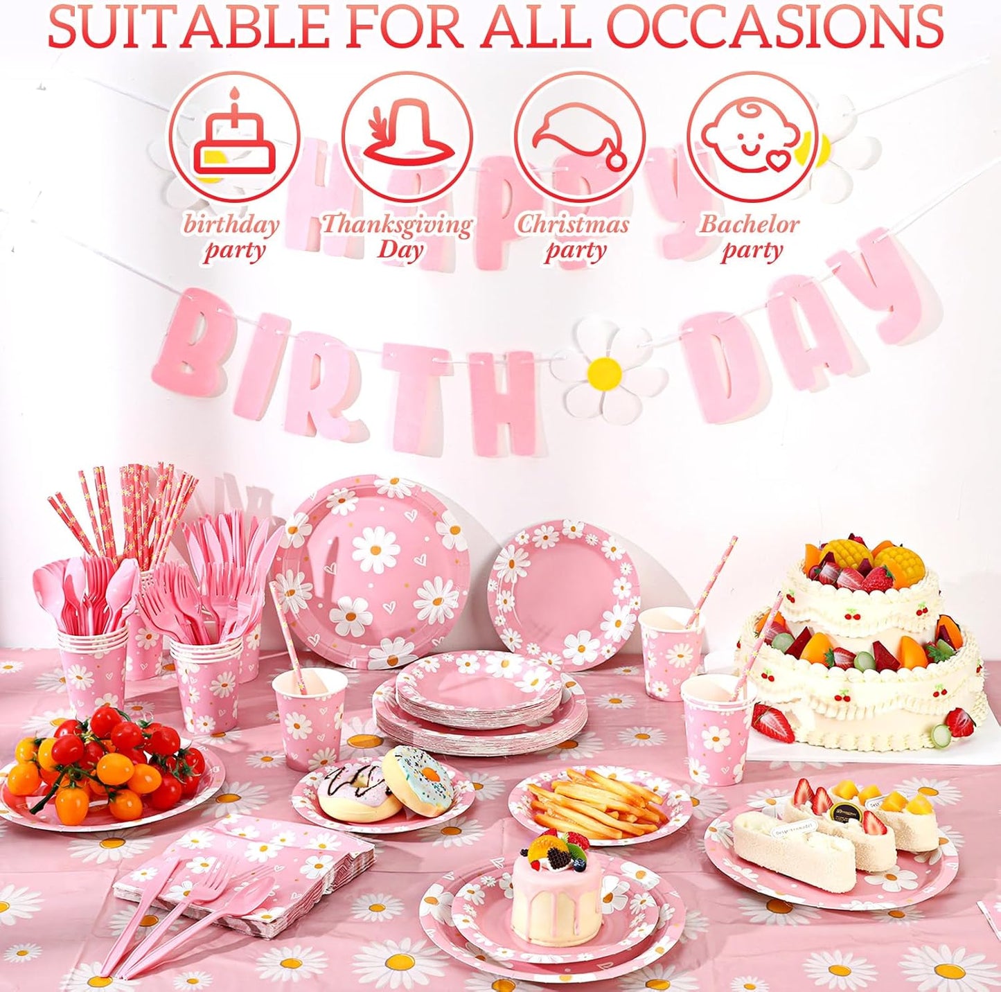 Sawysine 202 Pcs Daisy Happy Birthday Party Supplies Disposable Dinnerware Set 50 Plates 25 Cups 25 Napkins 25 Plastic Forks 25 Knives 25 Spoons 25 Straw Flag Tablecloth to Serve 25 Guests