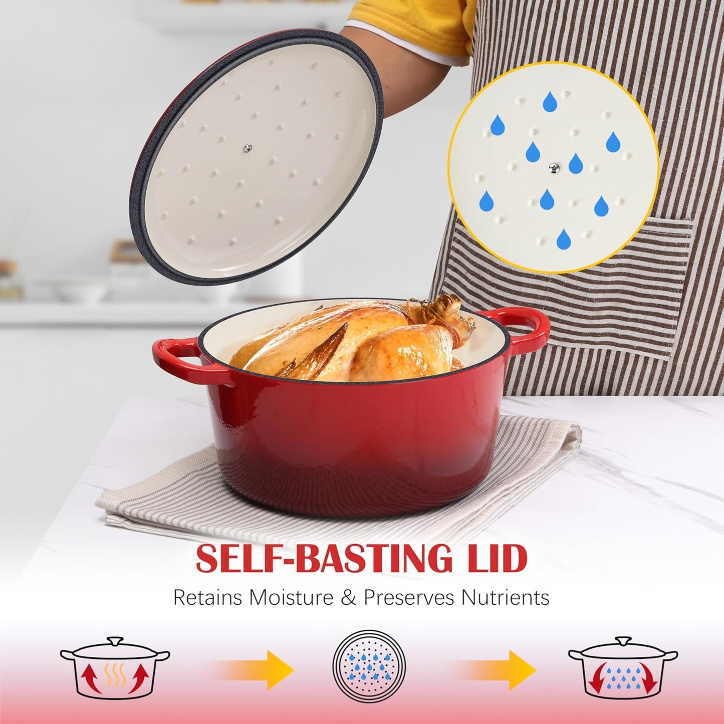 E-far Enameled Dutch Oven Pot for Bread Baking, 6QT Enameled Cast Iron Cookware with Self-Basting Lid & Sourdough Bread Baking Supplies, Heavy Duty Casserole Pot & Dual Handles-Red