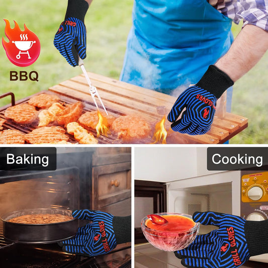 QUWIN BBQ Gloves, Oven Gloves 1472℉ Extreme Heat Resistant, Grilling Gloves Silicone Non-Slip Oven Mitts, Kitchen Gloves for BBQ, Grilling, Cooking, Baking-1 Pair (One Size Fits Most, Black/Blue)