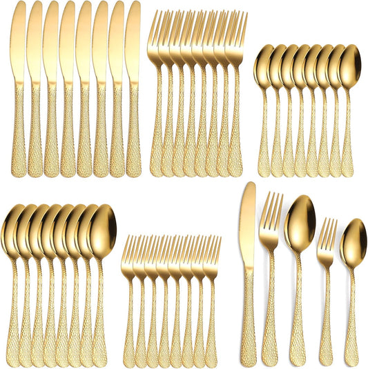 Hammered Silverware Set Gold Flatware Stainles Steel 40 Piece Vintage Eating Utensils Service 8 People include Forks Spoons Knives For Home Kitchen Restaurant Parties