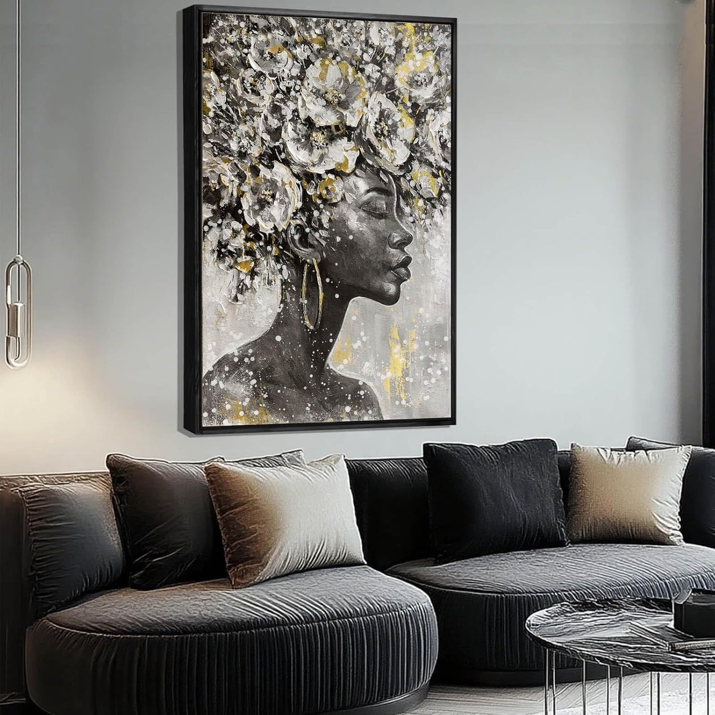 MLART99 Elegant African American Wall Art with Floral Canvas Black Artwork Gold and Black Girl Wall Decor -40x60 Inch Contemporary Print for Living Room Entryway