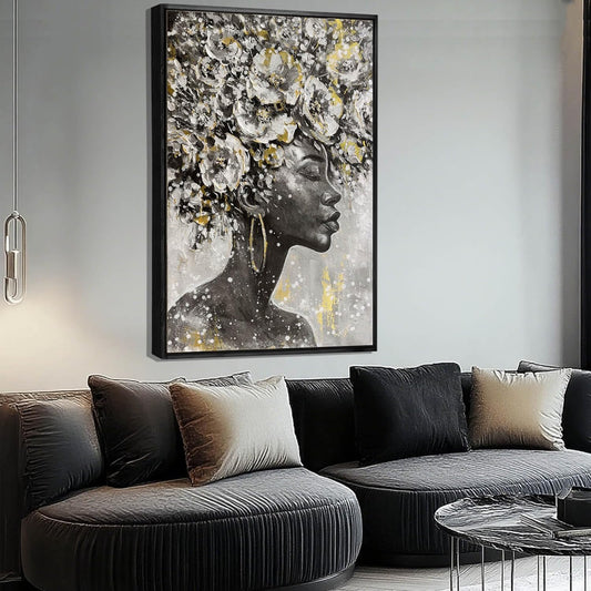 MLART99 Elegant African American Wall Art with Floral Canvas Black Artwork Gold and Black Girl Wall Decor -40x60 Inch Contemporary Print for Living Room Entryway
