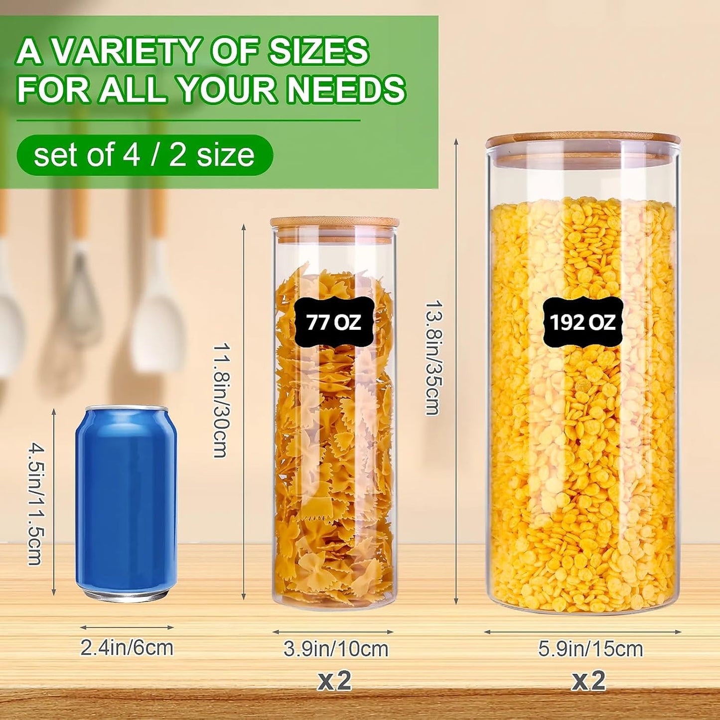 Glass Food Storage Jars, Food Containers with Airtight Bamboo Lids for Pasta, Cookies, Nuts, Coffee Beans, Cereal, Glass Canisters for Kitchen, Pantry Organization,Set of 4