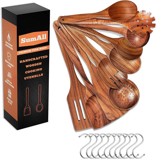 10 PCs Teak Wooden Utensil Set with Hooks, Wooden Spoons for Cooking, Wood Cooking Utensils Set, Comfort Grip, Non Stick Cookware, Easy to Clean, Kitchen Stuff, Wood Spatula