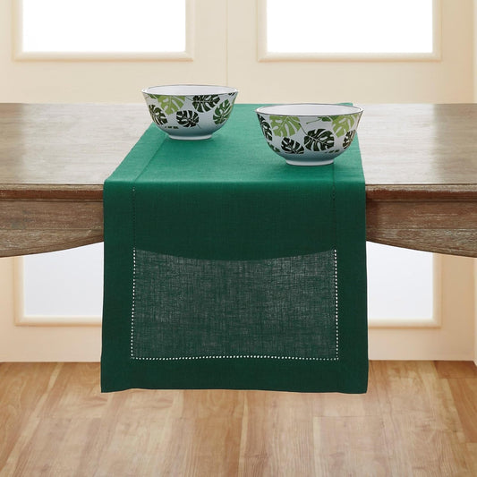 Solino Home Linen Rainforest Green Hemstitch Table Runner 36 Inches - 100% Pure Linen Small Table Runner 14 x 36 Inch Ideal for Dresser and Coffee Tables - Classic Hemstitch - Christmas, Thanksgiving