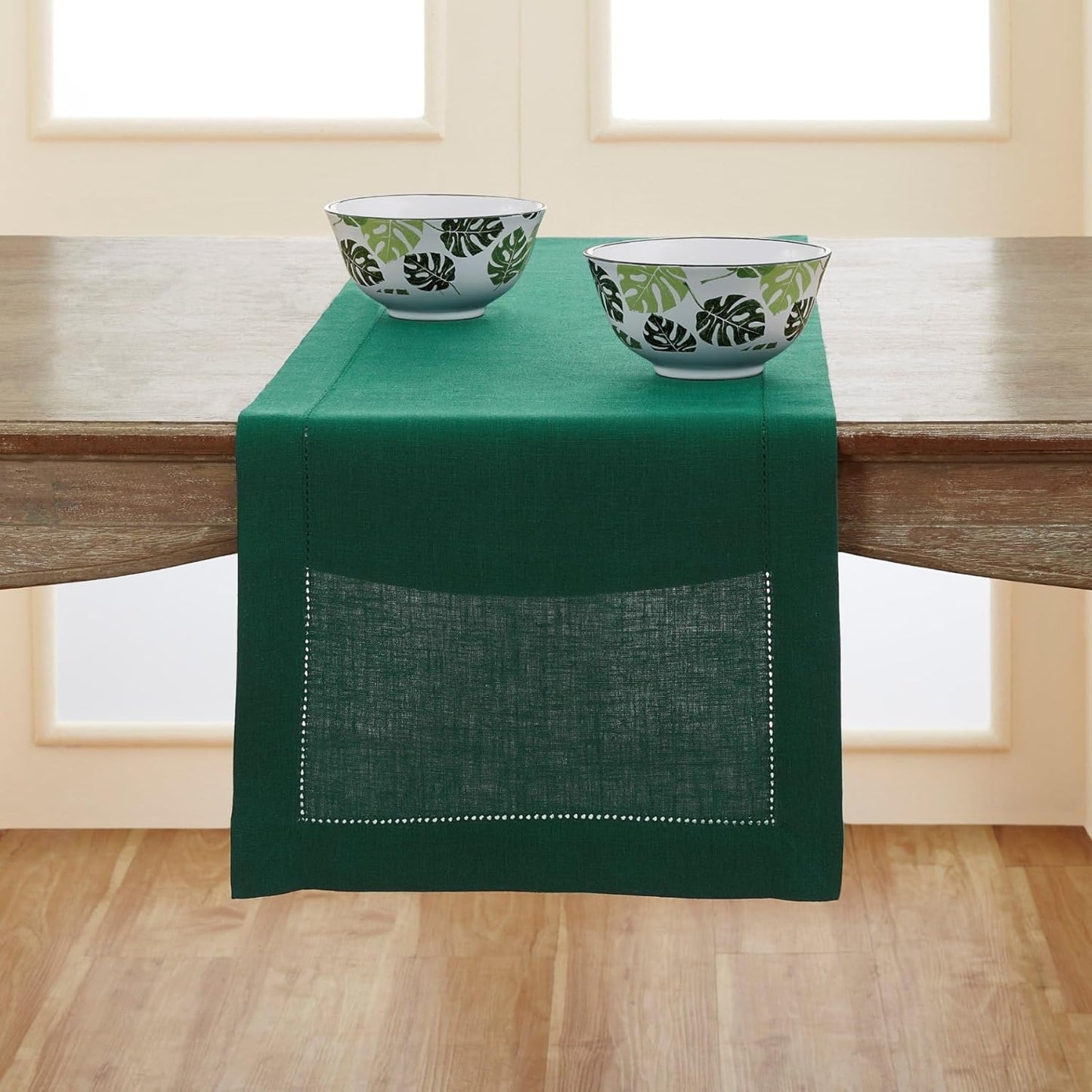 Solino Home Linen Rainforest Green Table Runner 156 Inches Long - 100% Pure Linen Extra Long Table Runner 14 x 156 Inch for Fall, Autumn, Thanksgiving, Christmas - Classic Hemstitch