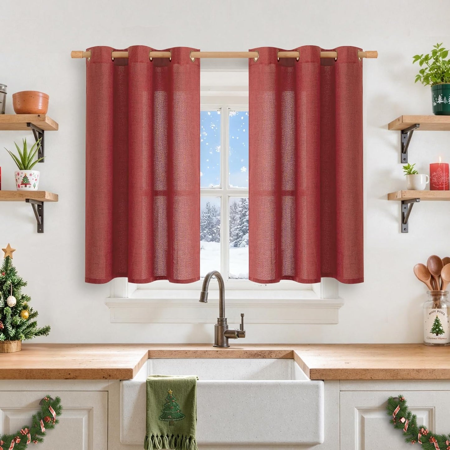 YoungsTex Red Linen Curtains 40 Inch Length for Kitchen Window, Short Light Filtering Drapes with Bronze Grommet Privacy Christmas Decor for Cafe Bathroom Window, 42 x 40 Inch, 2 Panels