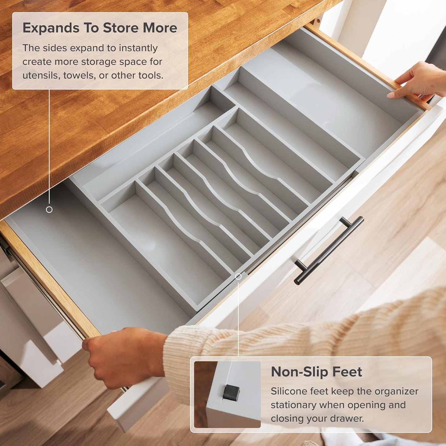 KitchenEdge Premium Silverware, Flatware and Utensil Organizer for Kitchen Drawers, Food-Safe Contract Grade, Expandable from 18 to 33 In, Gray Bamboo