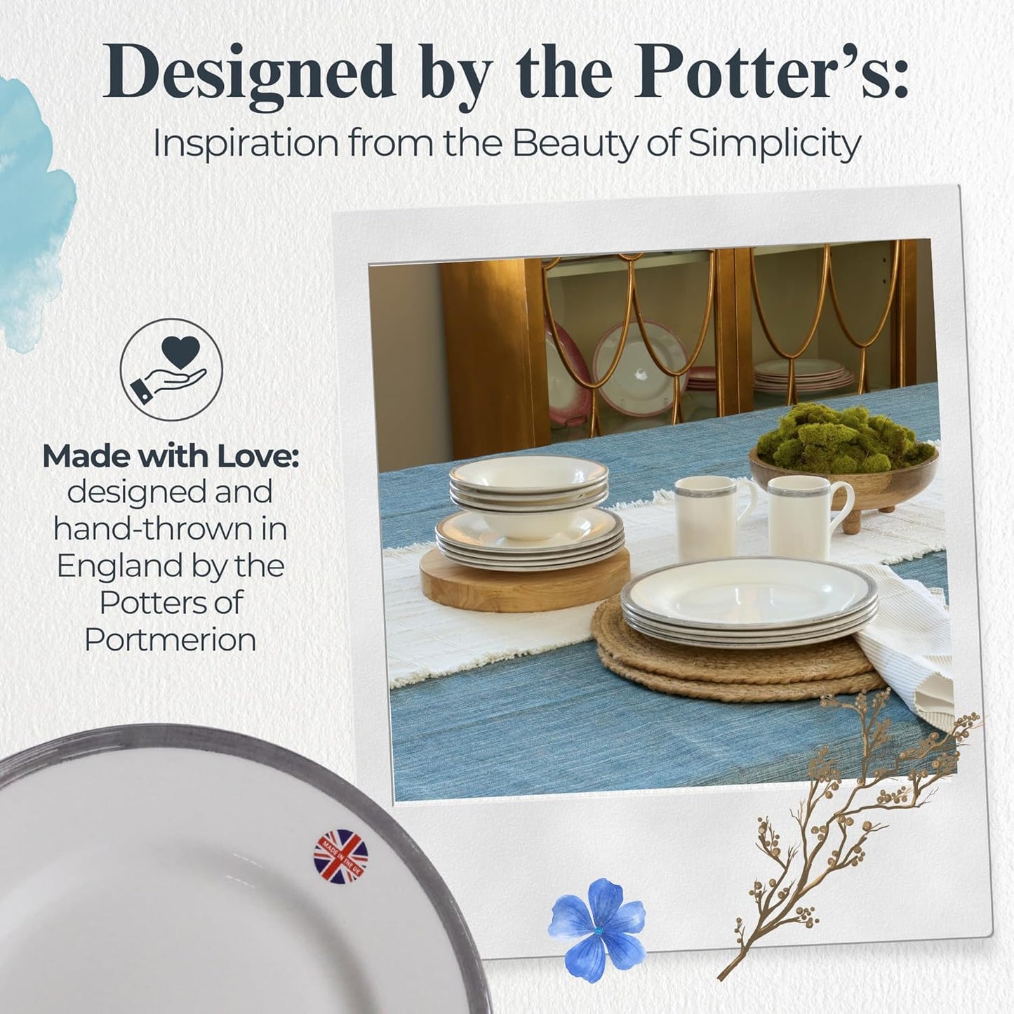 Portmeirion Potter's Brushstroke 10.5" Dinner Plate (Set of 4) - Handcrafted Earthenware Plates with Accent Rim, Microwave & Dishwasher Safe - Ideal Tableware for Modern & Traditional Dining (Grey)