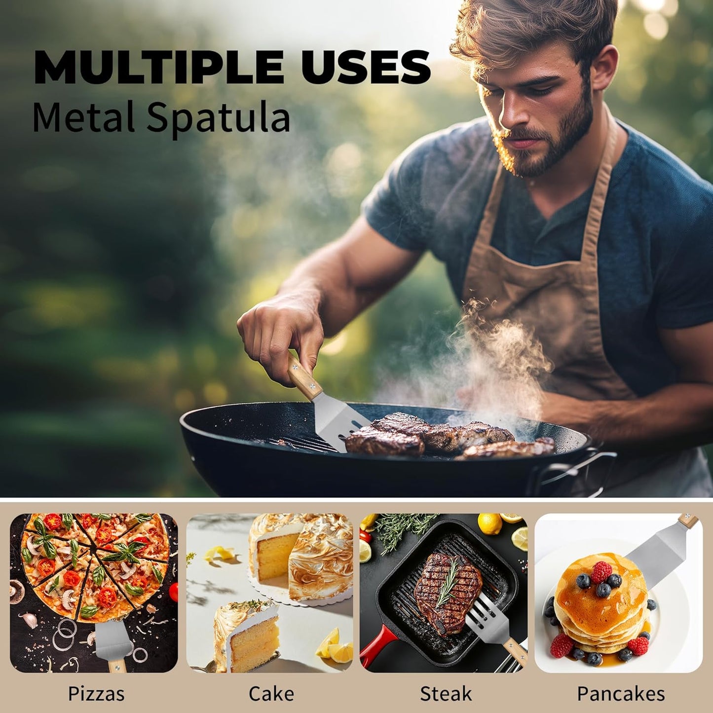 3 Pieces Stainless Steel Spatula Set,Metal Spatula for Cast Iron Skillet,Metal Spatula for Cooking with Wooden Handle,Metal Spatulas for kitchen use for Pancakes,Frying steak,Burger and Desserts