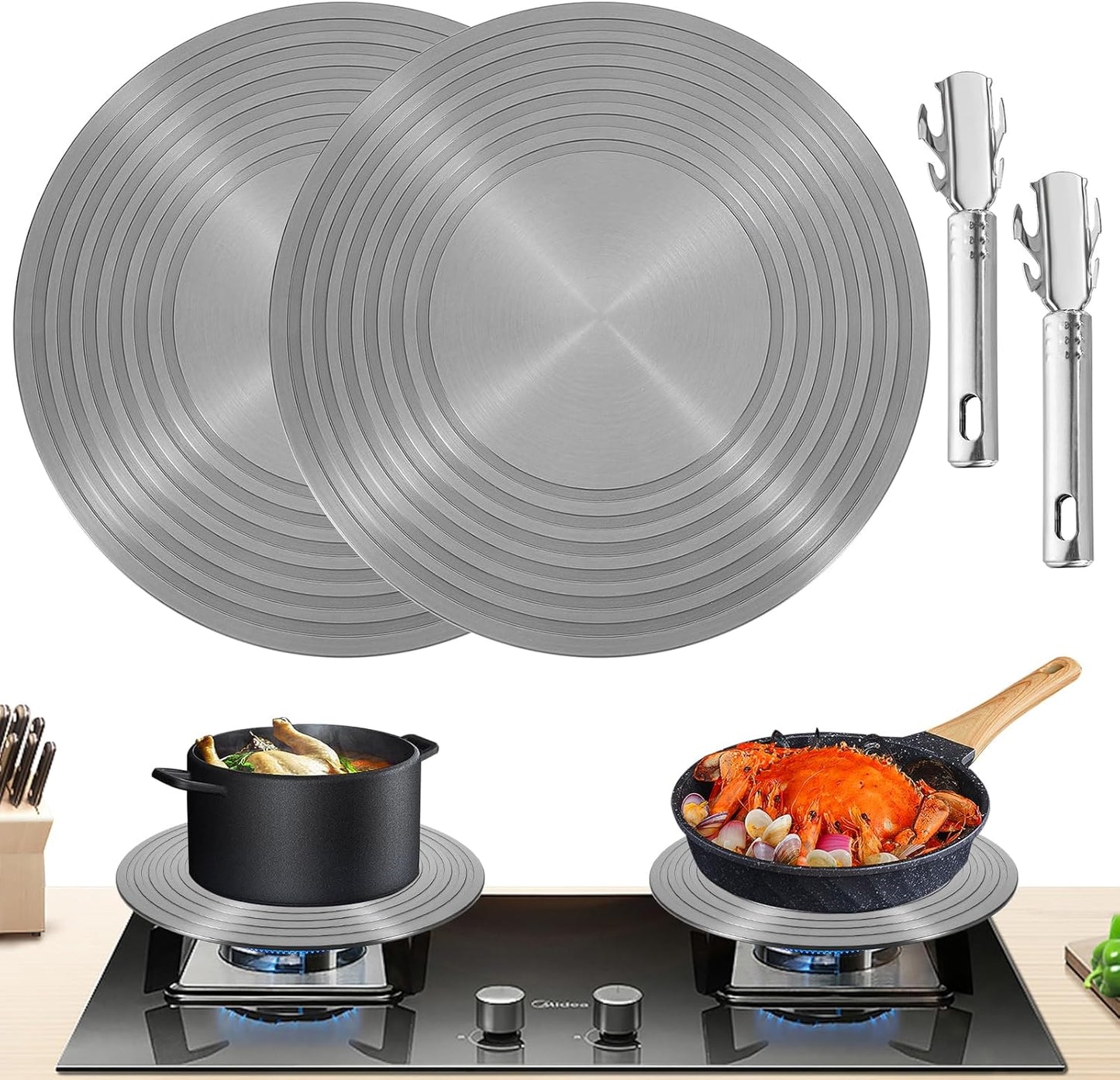 2 Pack Gas Stove Heat Diffuser Plate, Round Fast Defrosting Tray Aluminum Non-Stick Coating Cookware Simmering Thawing Plate Conduction Multifunctional, Flame Guard Protection Stovetop (11 inch)