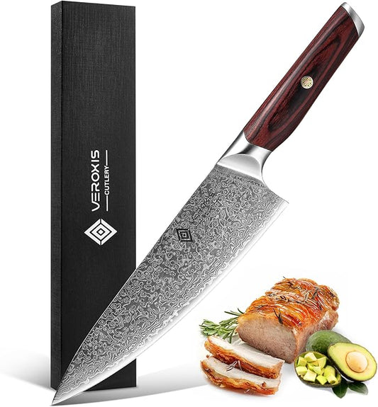 VEROXIS Damascus Chef Knife 8 Inch, Professional Japanese Kitchen Knives Sharp High Carbon Super Steel with Ergonomic Pakkawood Handles, Elegant Gift Box Packaging