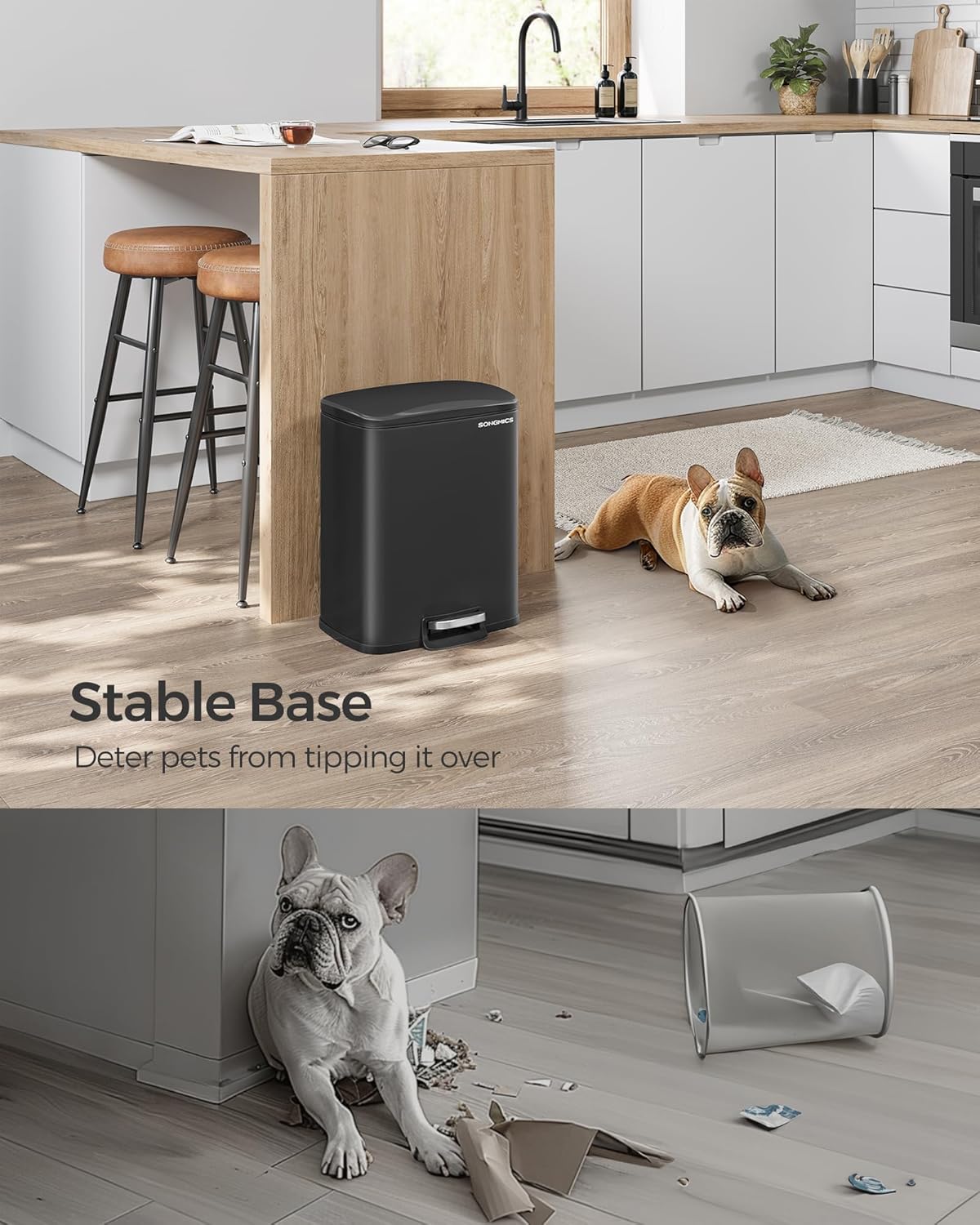 SONGMICS Trash Can, Garbage Can with Lid, 5.2-Gallon (20L) Step Trash Bin for Kitchen, Stainless Steel, Soft Close and Stays Open, Inner Bucket, Includes 15 Trash Bags, Black ULTB543B01