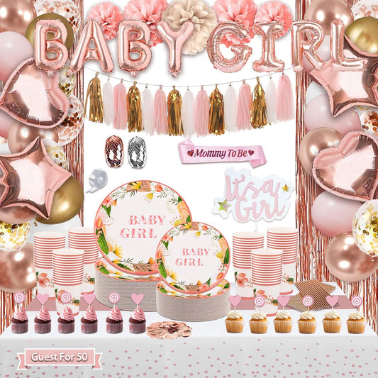 301Pcs Baby Shower Decorations For Girl, Girl Baby Shower Decorations Kits - Disposable Dinnerware Set With Pink Rose Gold Floral (50 Guest), "BABY girl" Banner, Balloon, Sash, Cake Topper