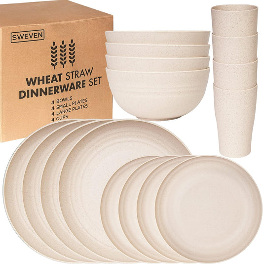 Wheat Straw Dinnerware Sets | Unbreakable Dinnerware Sets | Dishwasher Microwave Safe Dinnerware | Eco Friendly Non Breakable Dinnerware Sets | RV Outdoor Camping (Beige, Service for 4 (16 pcs))