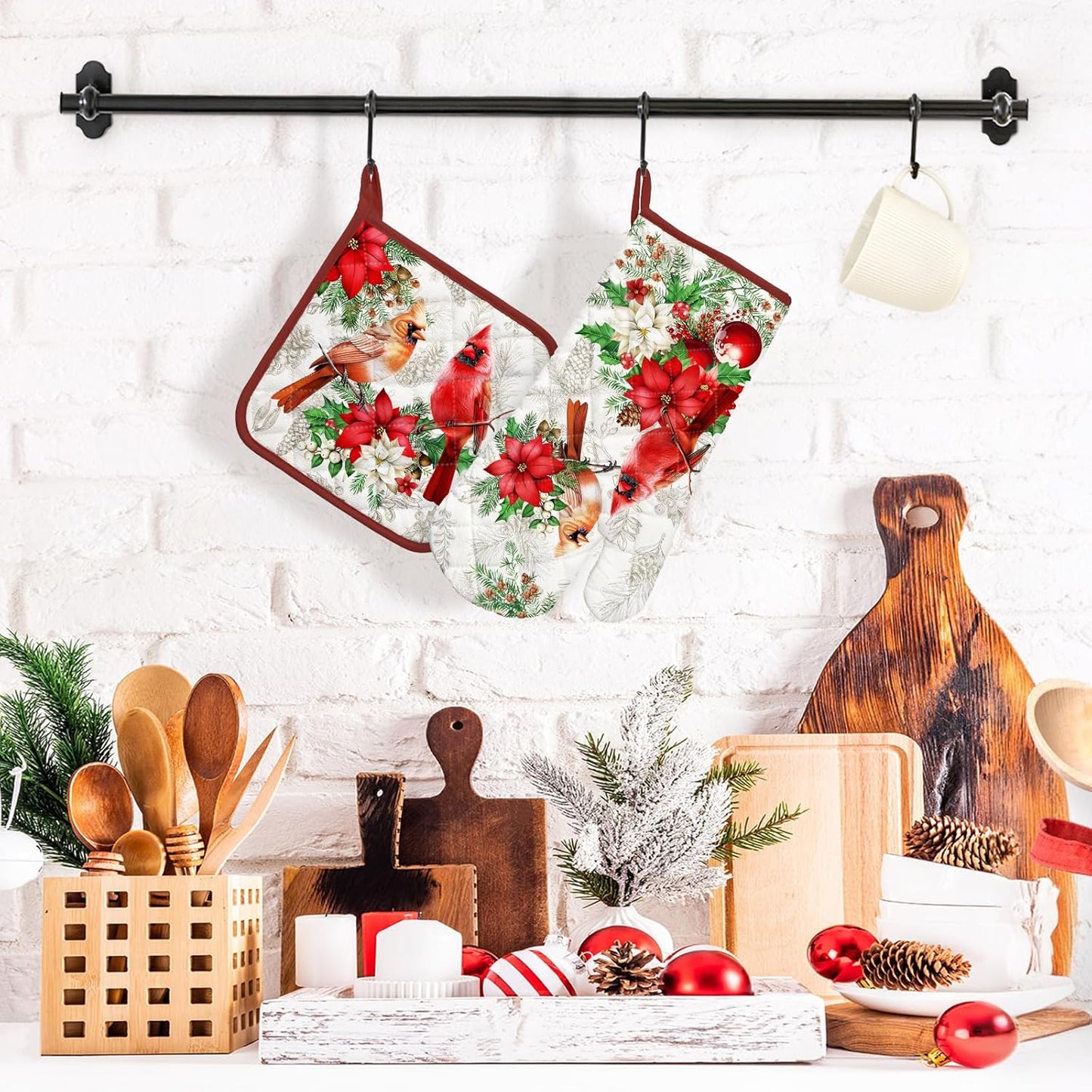 Christmas Cardinal Oven Mitts and Pot Holders Sets 2Pcs, 100% Cotton Heat Resistant, Extra Long Oven Gloves Potholder for Kitchen Cooking Baking Decoration