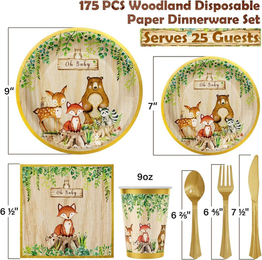 Ecomore Woodland Baby Shower Decorations Supplies - 175PCS Forest Animal Disposable Dinnerware Set (25 Guest) With Gold Paper Plates Cups Napkins Plastic Fork Knives Spoon for Baby Boy Birthday Party