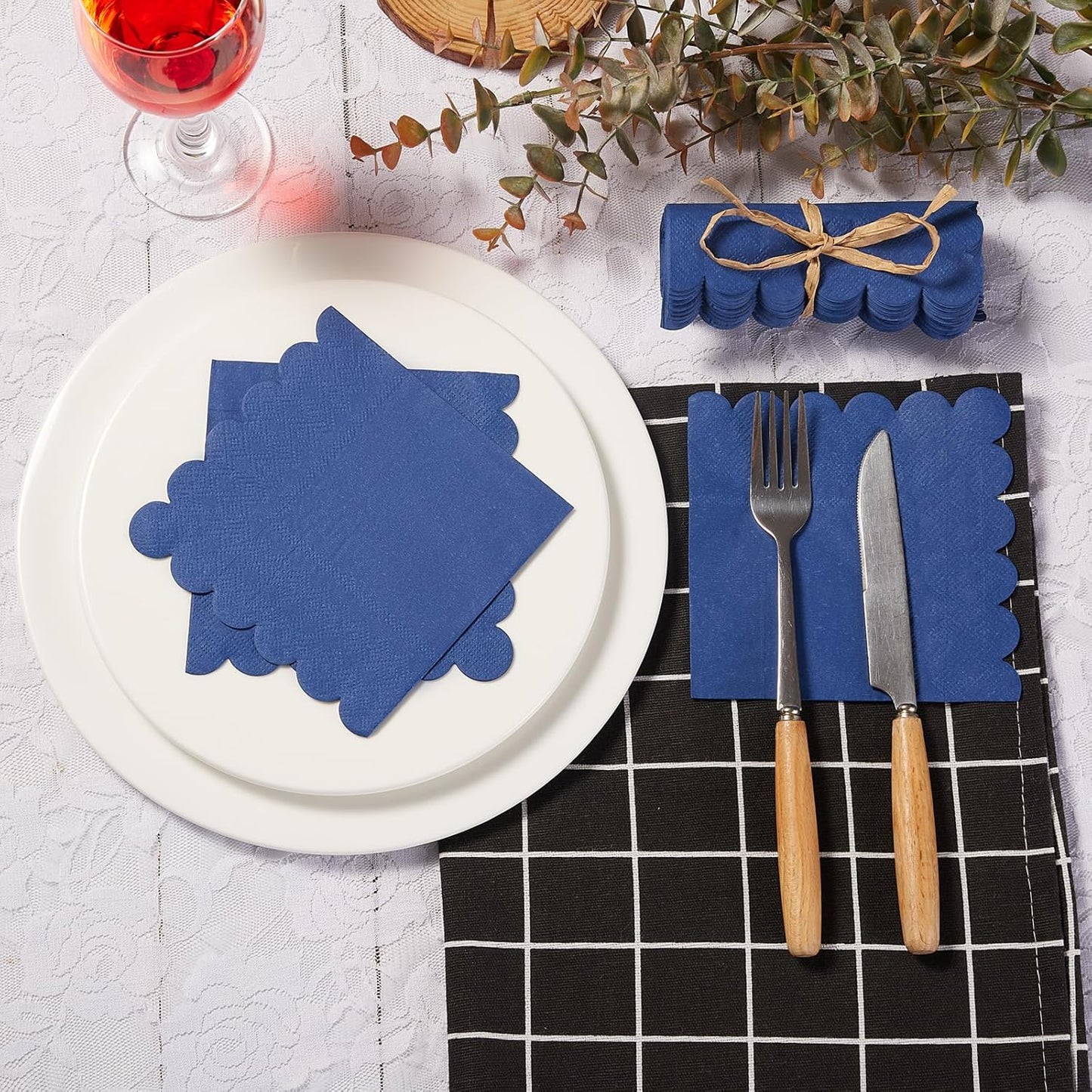 100 Pack Cocktail Napkin 2-Ply Scalloped Edged Dessert Napkins Folded 5 x 5 Inches Disposable Napkins for Dinner Wedding Birthday Party Bridal Anniversary Reception Event (Navy Blue)