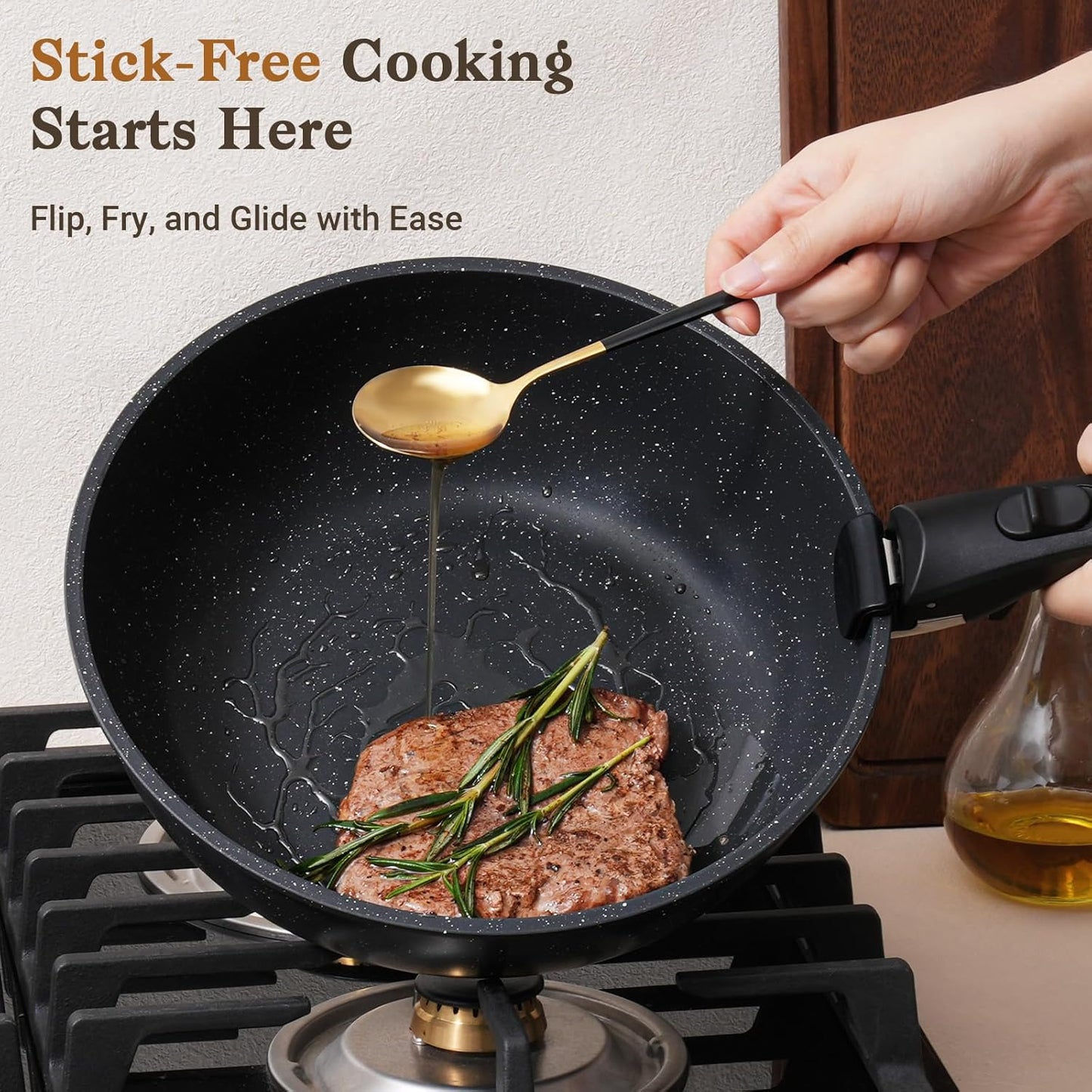 15Pcs Pots and Pans Set Non Stick, Cookware Sets with Detachable Handle, Nonstick RV Kitchen Cooking Tools Removable Handles, Oven Safe, Induction Fast, Stackable Induction Cookware,Black